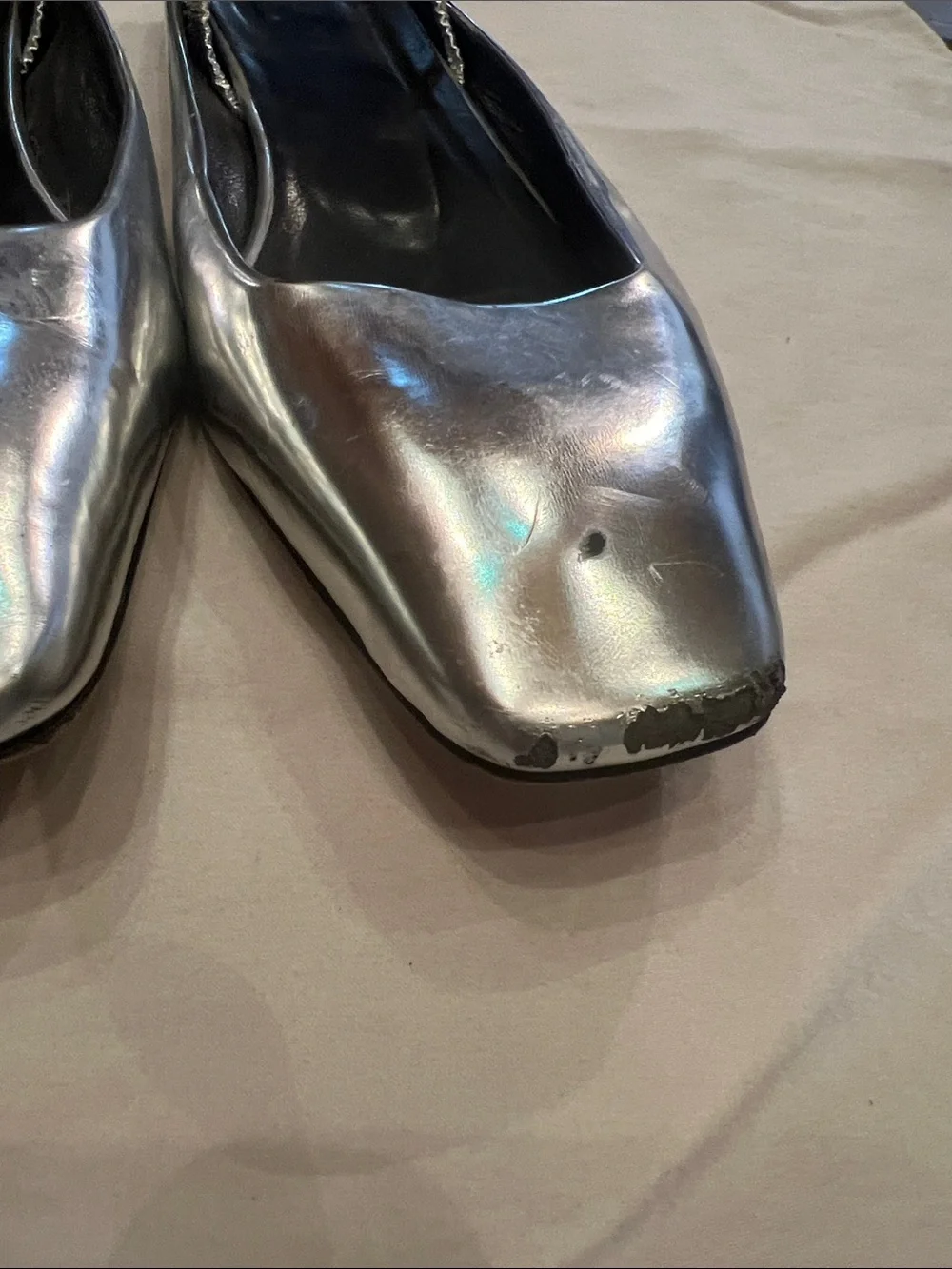 Metallic Silver Square-Toe Slingback Flats for Women